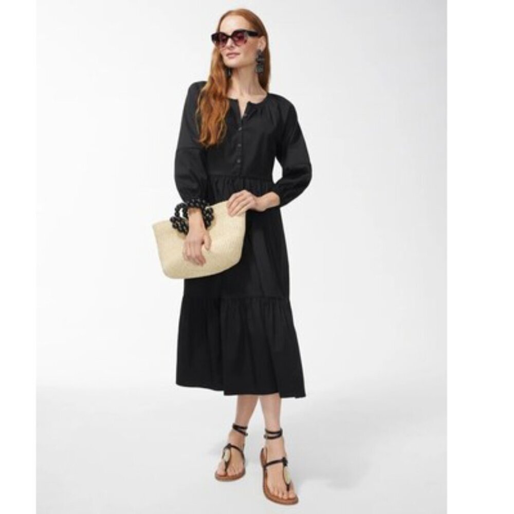 Chicoโs Poplin Balloon Sleeve Midi Dress 3/4 Sleeve front pockets Black Size 6